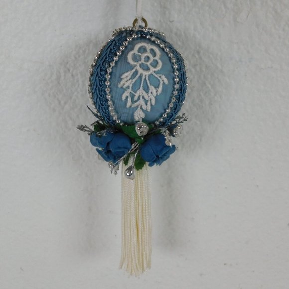 Handmade Fabric Rose Tassel Blue Silver Ball Christmas Tree Ornament 3" Dia 6" L - Picture 4 of 8